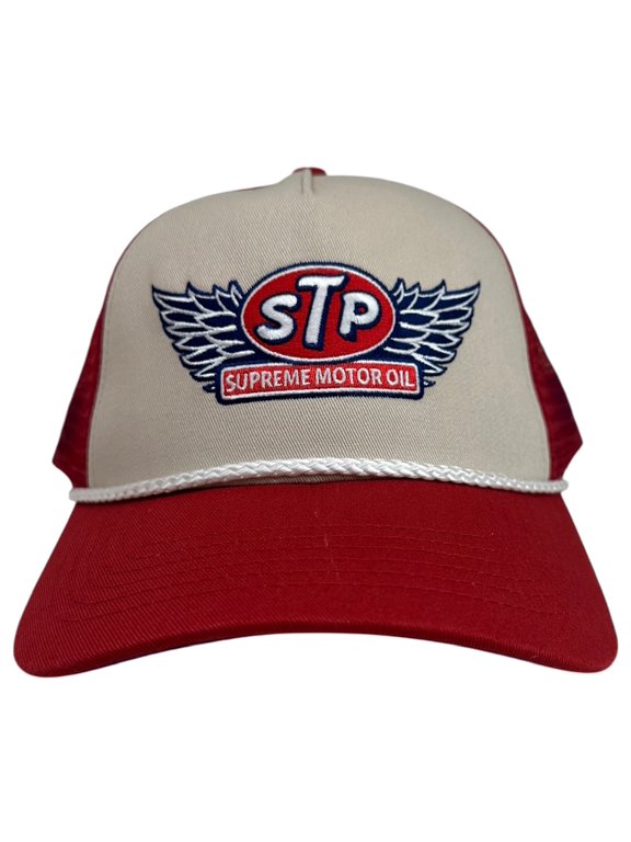 STP Supreme Motor Oil Men's Trucker Hat Embroidered Wings Logo Snapback Cap (Red/Beige)