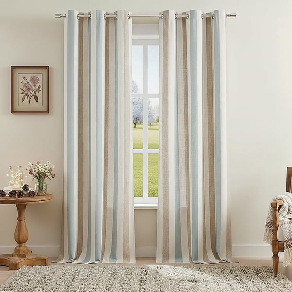 Flowpartex Linen Textured Stripe Curtains Brown and Aqua Farmhouse Striped Curtains Light Filtering Window Drapes for Bedroom Living Room,Rod Pocket Back Tab 40"X63"2 Panels