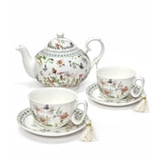 STPGoods Daisies and Butterflies New Bone China Tea Set of 5 for 2 in Gift Box Floral 5-Piece Teapot, Teacups and Saucers Set Service for 2, Green