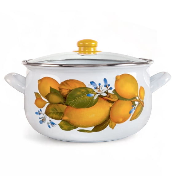 STPGoods Juicy Lemons Enamel Stockpot with Glass Lid 6.55 Qt (6.2 L) Enameled Aluminum Belly Deep Stock Pot for Cooking Induction Soup Pot, Yellow
