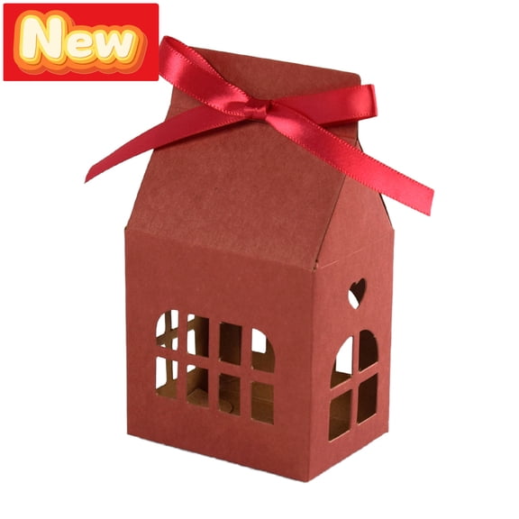 STPToys 10 Pcs Christmas House Shaped Gift Box Red Paper Candy Treat Boxes with Ribbon for Holiday Party Gift Packaging Decor