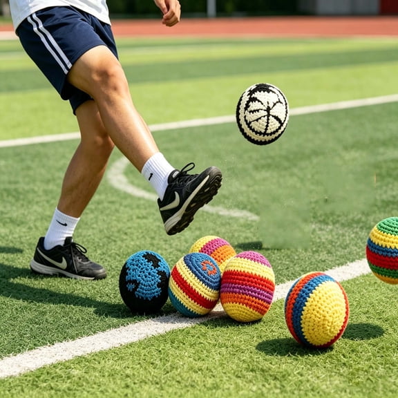 STPToys 12Pcs Colorful Crochet Footbag Set, Handmade Knit Kick Balls, Stress Relieving Juggling Balls, Assorted Patterns, Indoor Outdoor Activity, Party Favors