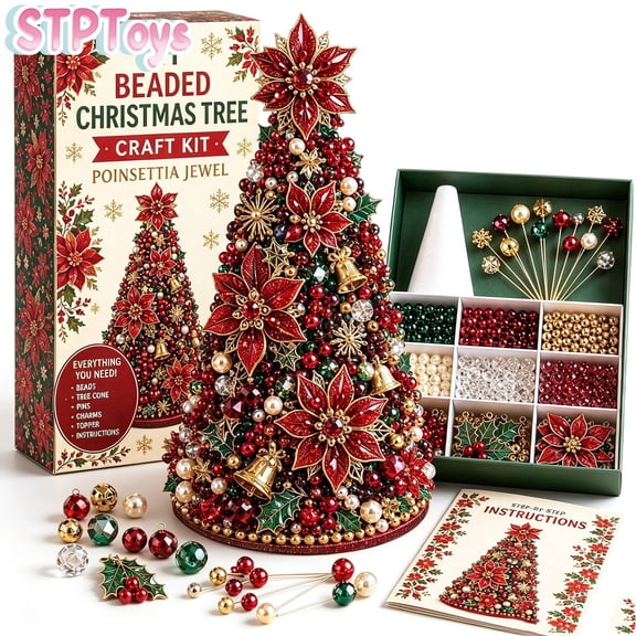 STPToys Christmas DIY Beaded Tree Craft Kit with Poinsettia Bell Pearl Beads for Holiday Home Office Decor