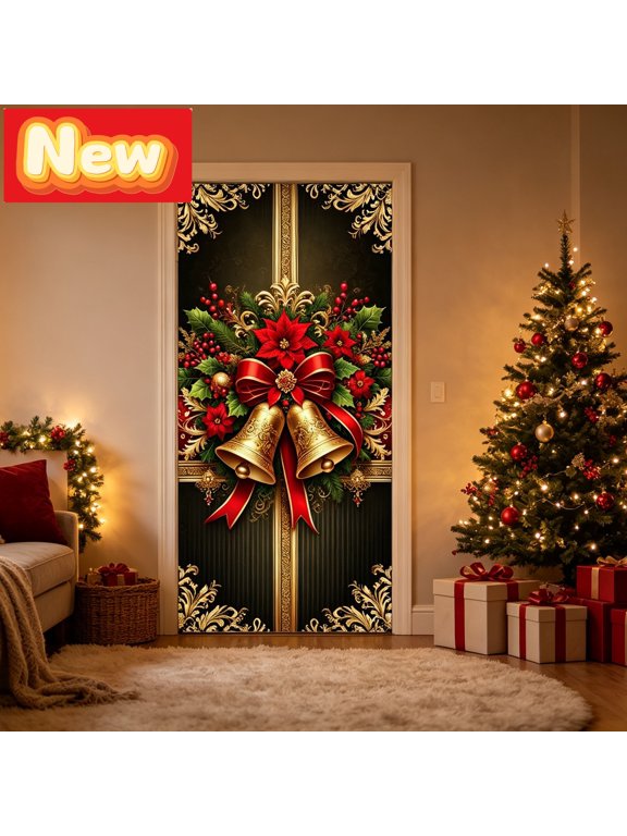 Christmas Decoration Door Cover 90x180cm with Gold Bell Red Bow Poinsettia Design for Front Door Home Party Wall Decor