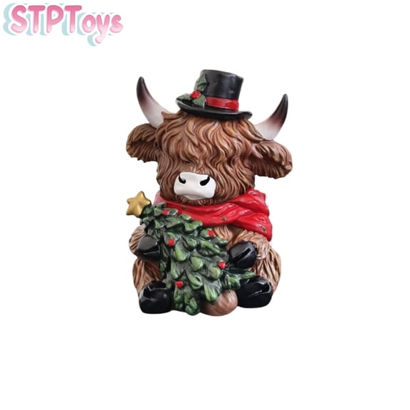 STPToys Christmas Highland Cow Figurine Resin With Top Hat Scarf Tree Tabletop Ornament For Xmas Home Holiday Decor