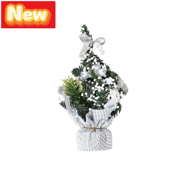 STPToys Christmas Mini Artificial Tree Tabletop Centerpiece White Cloth Base Silver Bow for Coffee Table Home Decor