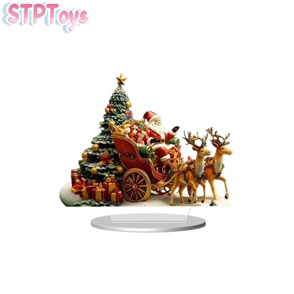 STPToys Christmas Santa Claus Sleigh Figurine Acrylic Decorated Tree Gift Boxes Tabletop Ornament for Xmas Home Decor