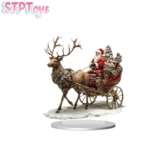 STPToys Christmas Santa Claus Sleigh Figurine Acrylic Single Reindeer Snowy Tree Tabletop Ornament for Xmas Home Decor