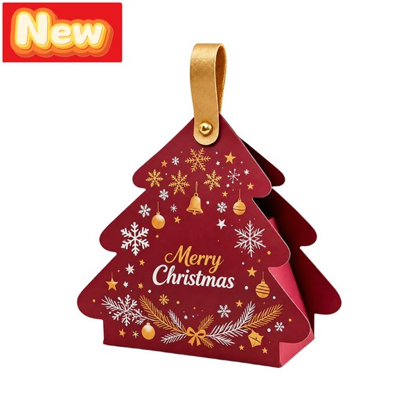 STPToys Christmas Tree Shaped Gift Box Gold Snowflake Bell Pattern with Handle for Xmas Candy Biscuit Packaging Party Favor Decor