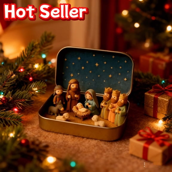STPToys Mini Holiday Scene Set in Tin Box Portable Figurine Display Tabletop Decoration Handcrafted Keepsake Ornament Gift For Family Home Shelf Decor