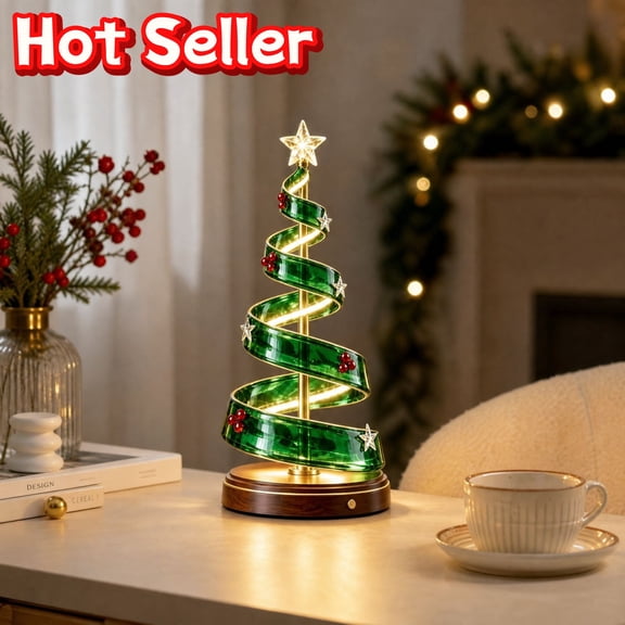 STPToys Spiral Glass Christmas Tree LED Tabletop Decoration Battery Operated Holiday Ornament With Star Red Berry Accents For Home Centerpiece Mantel Decor