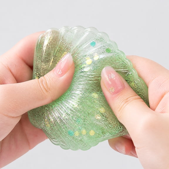 STPToys Transparent Glitter Filled Seashell Shaped Slow Rebound Squeeze Gadget,Green Soft Pressure Reducing Accessory Perfect For Birthday Gifts, Party Favors And General Reward Presents