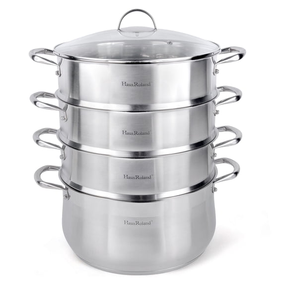 HausRoland 3-Tier Stainless Steel Steamer Pot with Glass Lid 10.56 Qt (10 L) Dumpling Steamer Pot Multi-Layer Cookware Pot