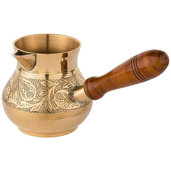STPgoods Brass Cezve 15.2 fl oz (450 ml) Turkish Coffee Pot with Wooden Handle Stove Top Coffee Maker, Gold Color