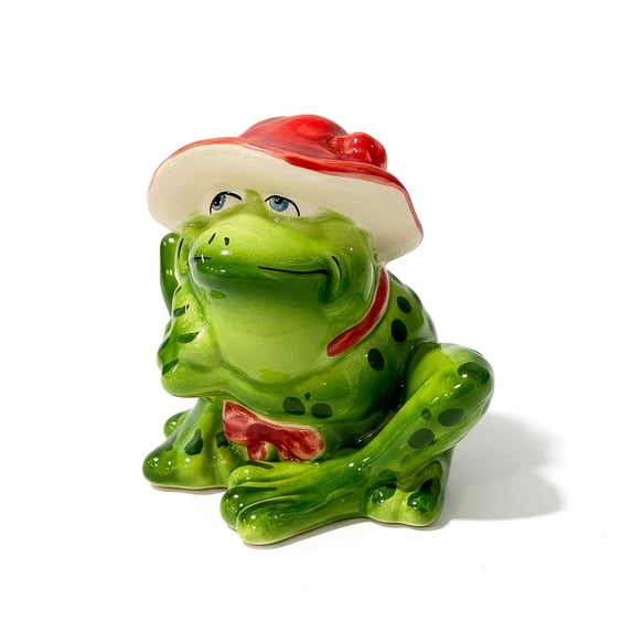 STPgoods Clara the Frog Handmade Ceramic Figurine 2.4x2.8" (6x7 cm) Hand-Painted Sculpture Home Decor Tabletop Ceramic Frog, Green and Red