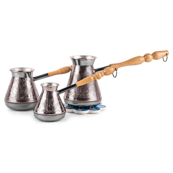 STPgoods Copper Cezve Set 3 Pcs with Gift Ceramic Trivet Turkish Coffee Pot with Wooden Handle Stove Top Coffee Maker