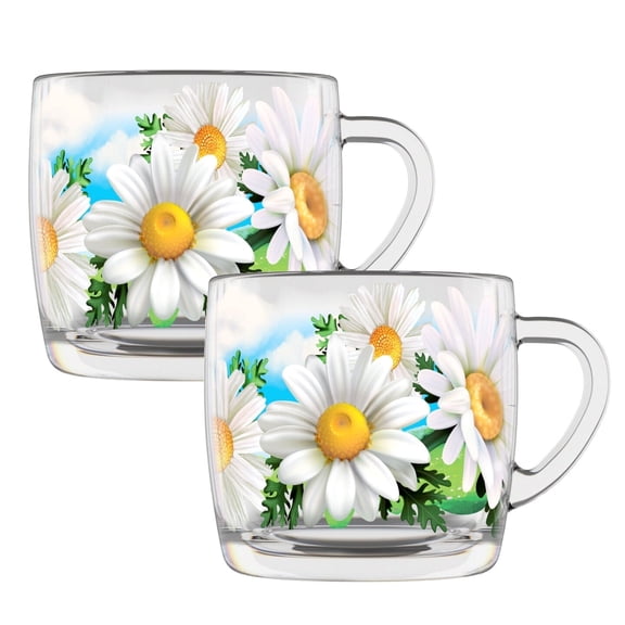 STPgoods Daisy Glass Mug Set of 2 Pcs 10.14 fl oz Tea and Coffee Mugs Glass Tea Cups