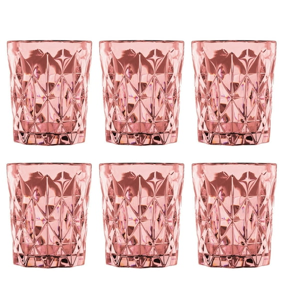 STPgoods Embossed Drinking Glasses Set 6 Pcs 9 fl oz (265 ml) Whiskey and Water Glasses Set Glass Tumbler Set of 6 Vintage Glassware, Pink