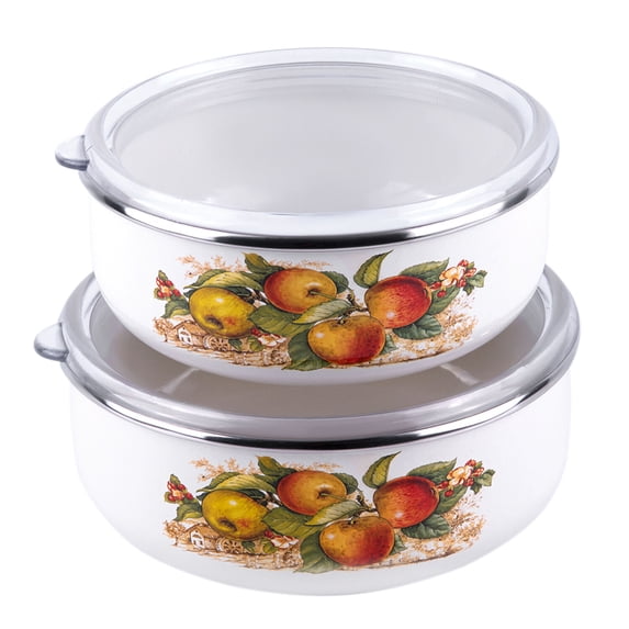 STPgoods Enameled Aluminim Storage Bowl with Lid Set 1 Qt and 1.5 Qt 2 Pcs. Apples Enamel Storage Food Container with Lid Set Stackable Enamel Bowls