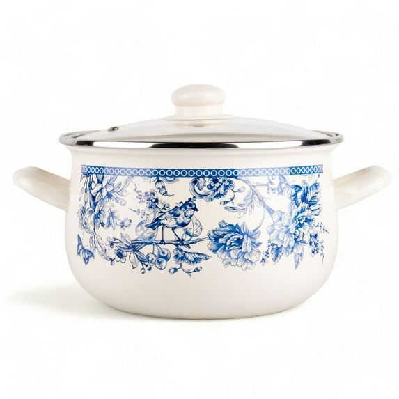 STPgoods Enameled Aluminum Belly Deep Stockpot with Glass Lid 4 Qt (3.8 L) Bird of Paradise Vintage Cooking Pot Enamel Soup Pot Stock Pot