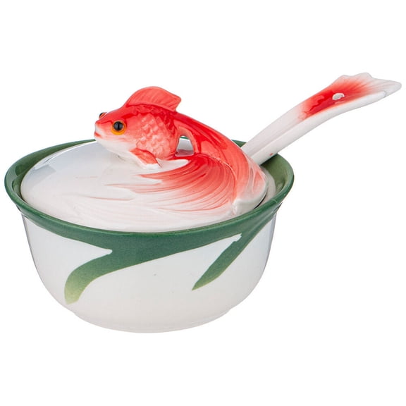 STPgoods Gold Fish Porcelain Caviar Dish with Lid and Spoon Caviar Serving Set Serving Jar