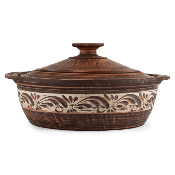 STPgoods Handmade Red Clay Stoneware Baking Pot for Cooking with Lid Engobe Décor 3.2 Qt (3 L) Clay Baking Pan