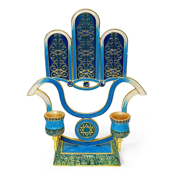 STPgoods Jeweled Hamsa Shabbat Candlestick Holder in Gift Box 6.9x2.8x8.7" (17.5x7x22 cm) Handcrafted Two-Candle Holder for Taper Candles