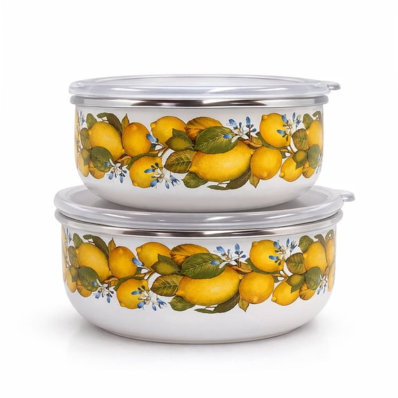 STPgoods Juicy Lemons Enamel Storage Bowl with Lid Set of 2 pcs 1.1 Qt and 1.5 Qt Stackable Mixing Bowls for Kitchen Aluminum Food Storage Containers for Serving Fruit Cereal Ice Cream Salads, Yellow