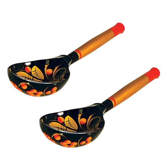 STPgoods Khokhloma Wooden Tablespoon Set of 2 Pcs 7.6" (19 cm) Hand-Painted Wooden Spoons Decorative Spoon Dinnerware Kitchen Utensils, Black
