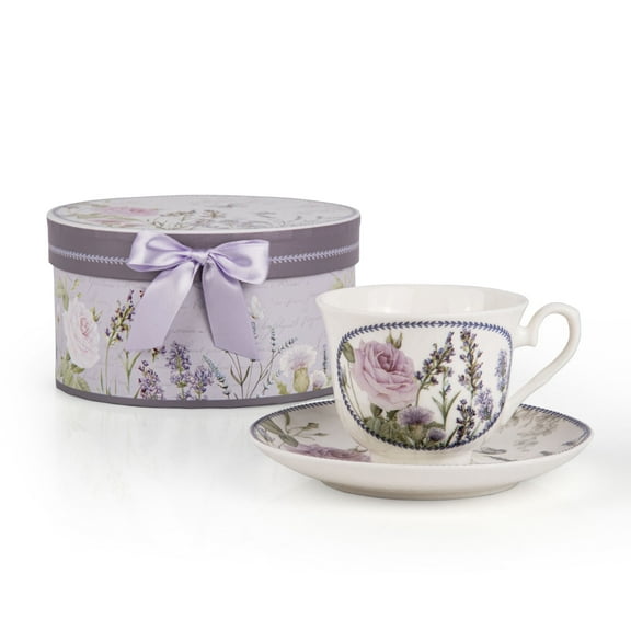 STPgoods Lavender Bone China Tea Cup and Saucer Set for 1 in Gift Box 6.76 fl oz Kitchen Teacup Porcelain Tea and Coffee Cup White Purple