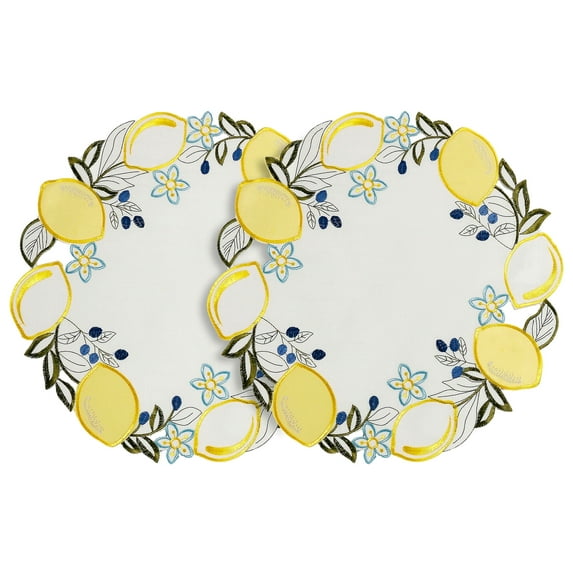 STPgoods Lemons Fabric Placemat Set of 2 Pcs 15" (38 cm) Round Placemats for Dining Table Machine Washable Doily, White and Yellow