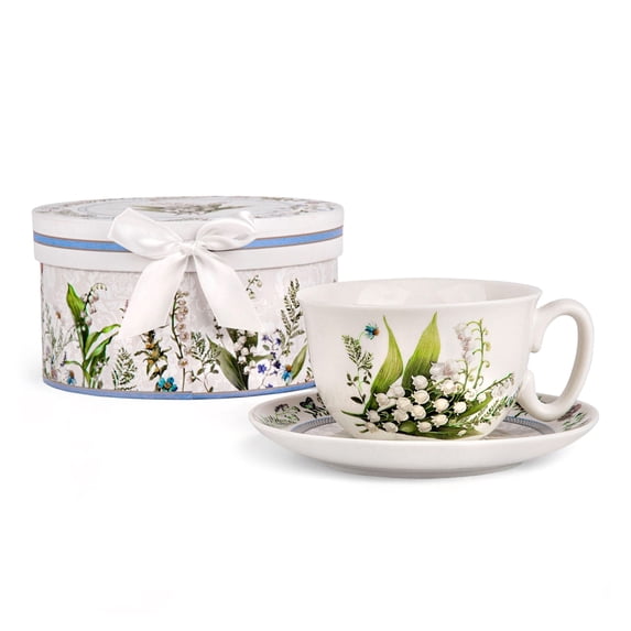 STPgoods Lily of the Valley Bone China Tea Cup and Saucer Set for 1 in Gift Box 8.45 fl oz Kitchen Teacup Porcelain Tea and Coffee Cup
