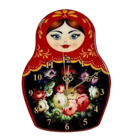 STPgoods Matryoshka Doll Wooden Wall Clock 8.3x11.4" Analog Clock for Kitchen Home Office Bedrooms Decor Kitchen Clock with Arabic Numbers Battery Operated Clock Nesting Doll Clock, Floral Pattern