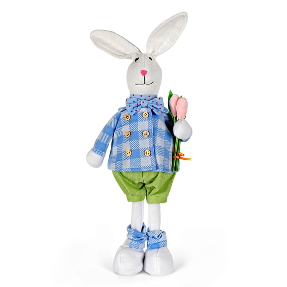 STPgoods Oliver with Tulip Rabbit Easter Figurine 19" (48 cm) Fabric Easter Decoration Standing Decoration Easter Collectible Figurine Holiday Decor Tabletop Favor Figurine, Green and Blue