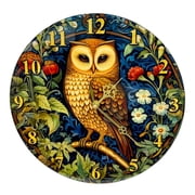 STPgoods Owl William Morris Round Wooden Wall Clock 11.4" 29 cm Analog Clock for Kitchen Home Office Bedrooms Decor Kitchen Clock with Arabic Numbers Battery Operated Clock, Floral Pattern