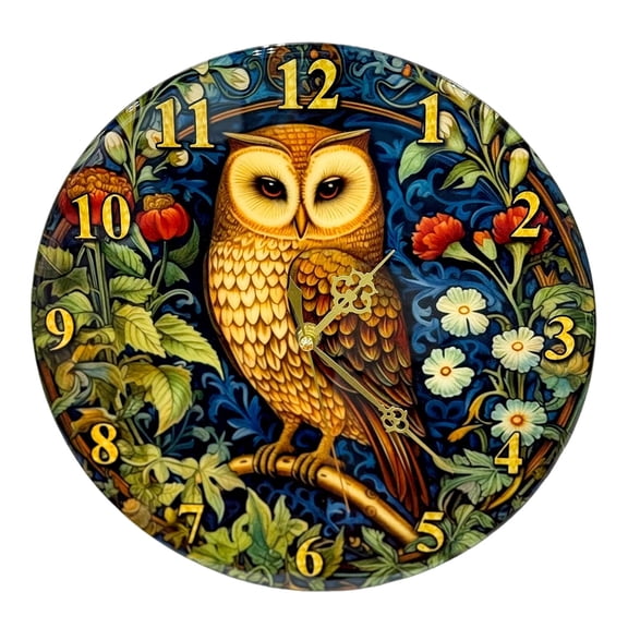 STPgoods Owl William Morris Round Wooden Wall Clock 11.4" (29 cm) Analog Clock for Kitchen Home Office Bedrooms Decor Kitchen Clock with Arabic Numbers Battery Operated Clock, Floral Pattern