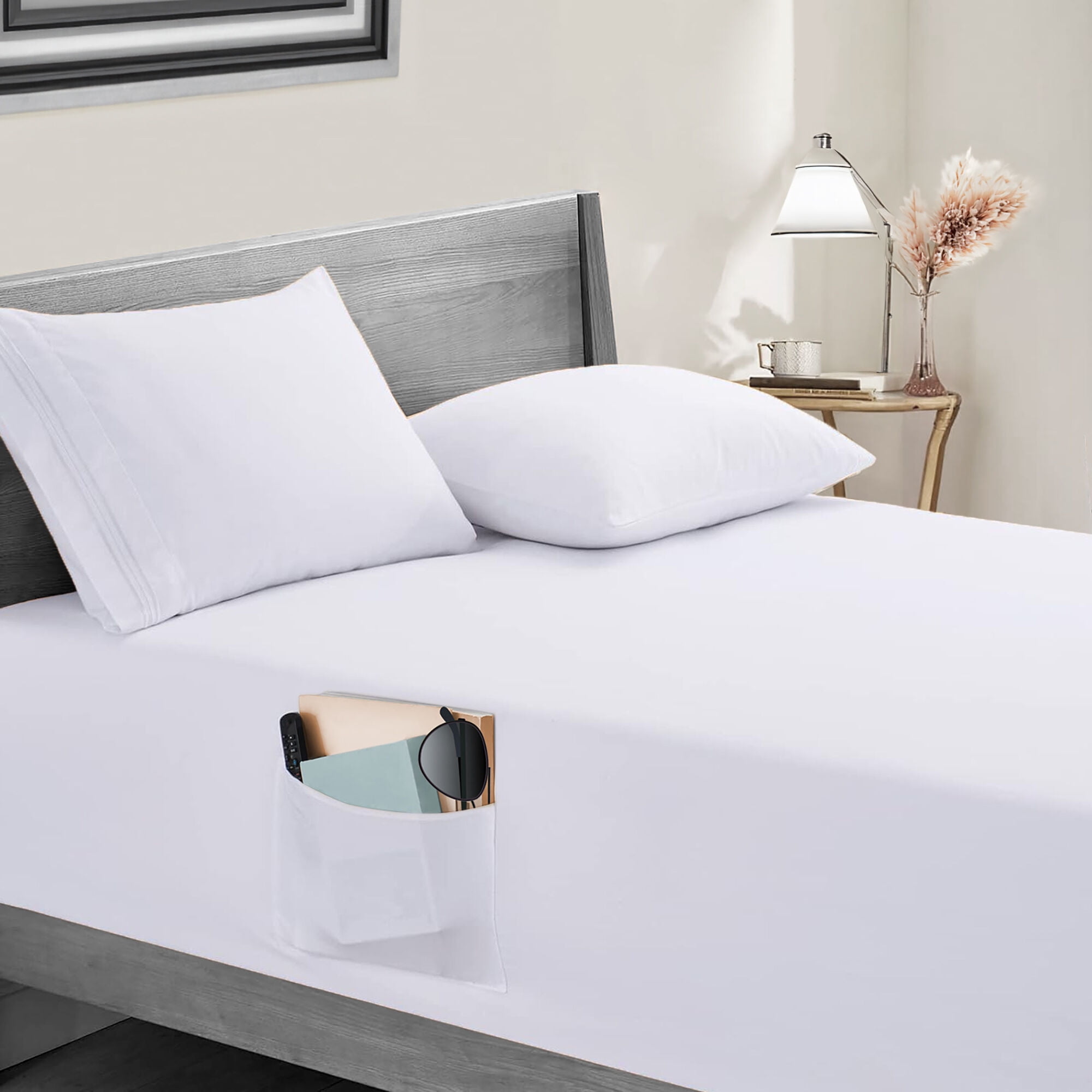 STPgoods Queen Percale 100% Cotton Fitted Sheet with Pocket Solid Bed Sheet Only White