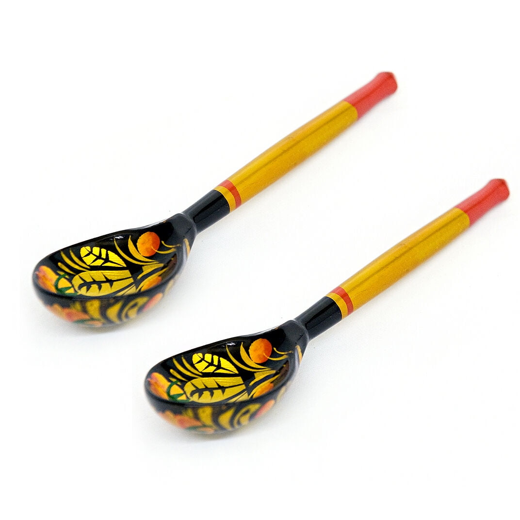 STPgoods Strawberry Khokhloma Wooden Tablespoon Set of 2 Pcs 5.5" (13.5 cm) Hand-Painted Wooden Spoons Decorative Spoon Dinnerware Kitchen Utensils, Black Yellow