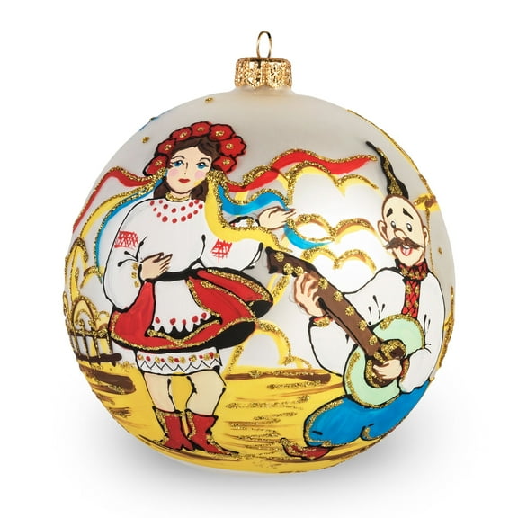 STPgoods Ukrainian Girl and Kozak Glass Christmas Ball Ornament 4.7" Hand-Painted Christmas Tree Ornament Christmas Tree Hanging Decoration
