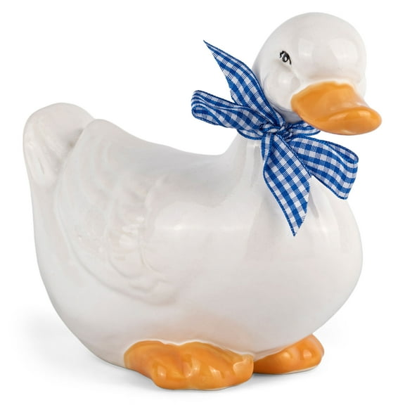 STPgoods Vintage Goose with Blue Bow Large Ceramic Figurine White Ceramic Sculpture Easter Home Decoration