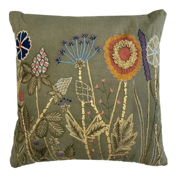 STPgoods Wild Flowers Cotton Embroidered Decorative Pillow 18" x 18" Decorative Square Throw Pillow in Light Gray Cotton Couch Cushion