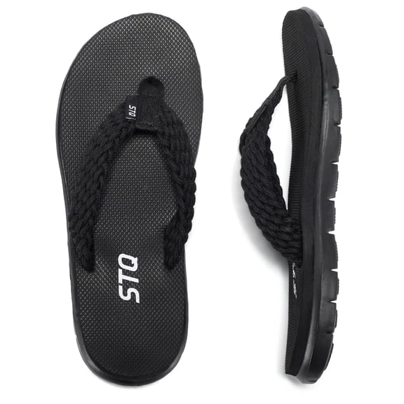 STQ Flip Flops for Women Quick Dry Yoga Mat Beach Sandals Comfortable for Summer All Black Size 8