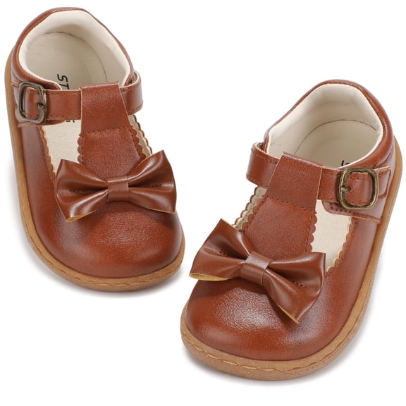 STQ KIDS Girls Mary Jane Shoes Wide Toe Box Toddler Girl Flat Dress Shoe with Bow for School Thanksgiving Christmas Party Brown Toddler Size 6