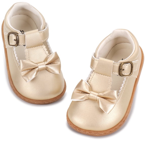 TEAHOO X STQ KIDS Wide Toe Box Toddler Girl Mary Jane Shoes with Bow Non Slip Little Girls Flat Dress Shoe for Christmas Birthday Halloween Party Gold Toddler Size 8