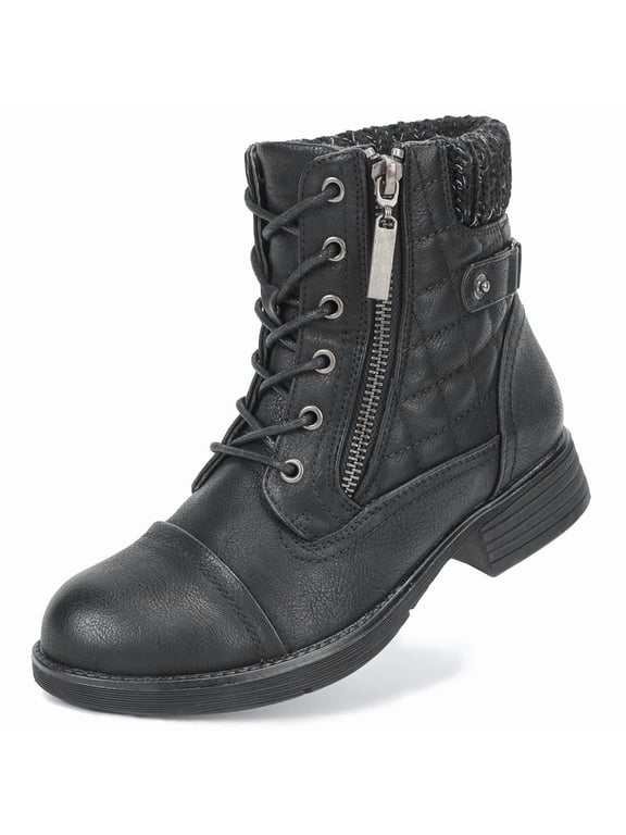Womens Combat Boots Lace Up Ankle Booties With Side Zipper Fall Winter Black US 8