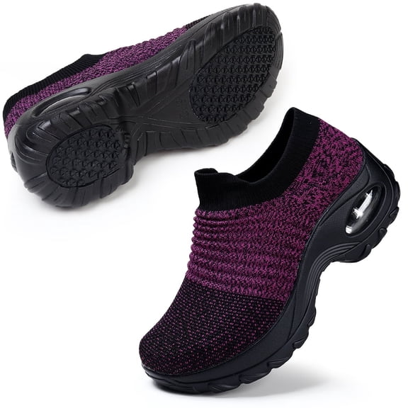 Women's Walking Shoes Slip on Breathable Sneakers Black Purple US 8.5
