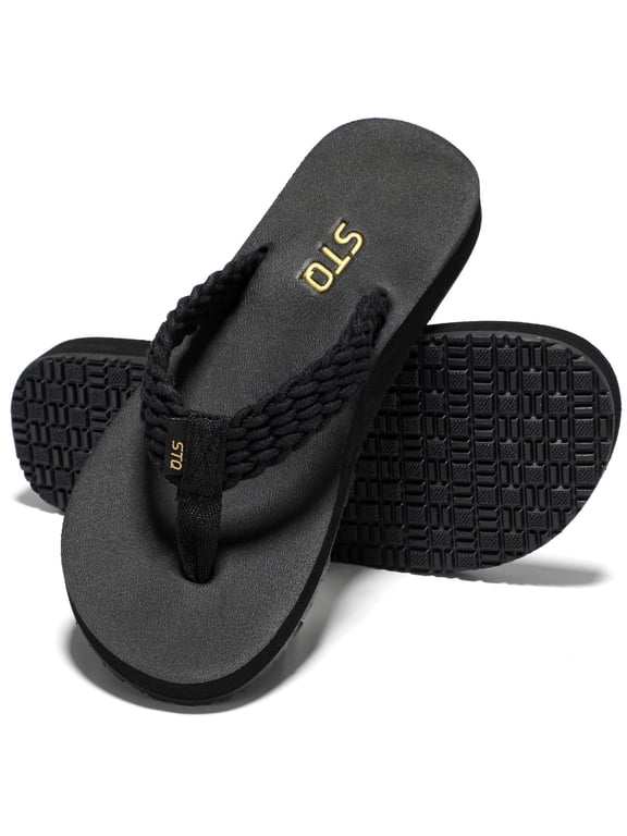 Womens Flips Flops with Yoga Mat Quick Dry Thong Sandals for Water,Shower,vacation All Black 10 US