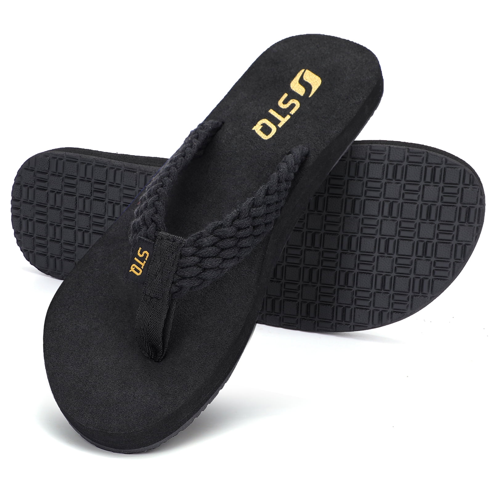 STQ Womens Flips Flops with Yoga Mat Quick Dry Thong Sandals for  Water,Shower,vacation All Black 10 US 
