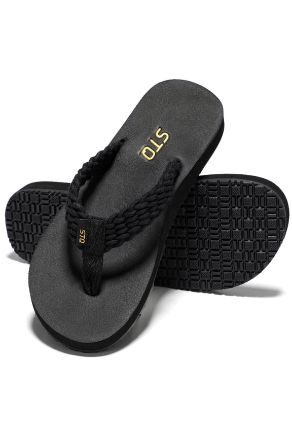 Womens Flips Flops with Yoga Mat Quick Dry Thong Sandals for Water,Shower,vacation All Black 8 US