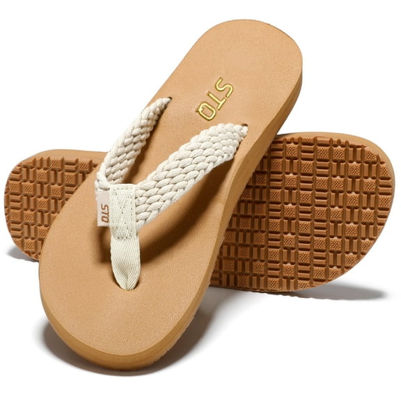 STQ Womens Flips Flops with Yoga Mat Quick Dry Thong Sandals for Water,Shower,vacation White Taupe 9 US